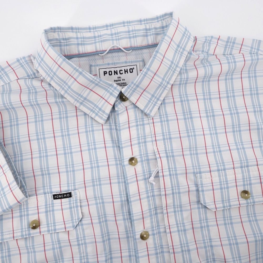 Poncho Plaid Magnetic Pocket Button Down White Long Sleeve Men 3XL